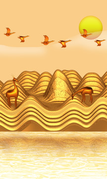 新中式抽象山水金色山鹿鸟背景墙