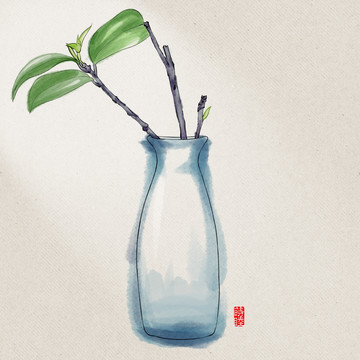 手繪花瓶綠枝（tif分層）