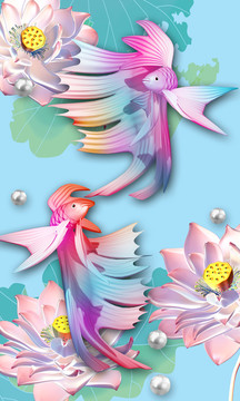 3d立體浮雕金魚玄關背景墻