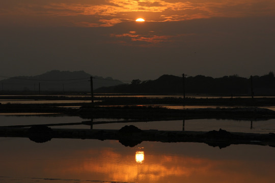 夕阳下的盐田