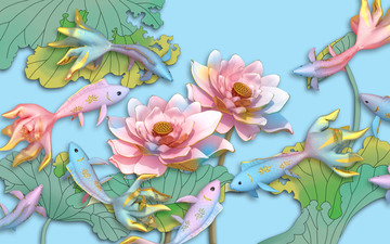 3d浮雕立體九魚圖蓮花背景墻