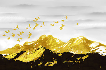 新中式飞鸟金色雪山抽象装饰画