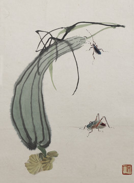 齊白石國畫花鳥魚蟲之螞蚱 絲瓜