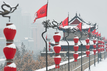 西安古城墙雪景