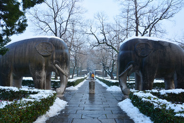 明孝陵石像路雪景