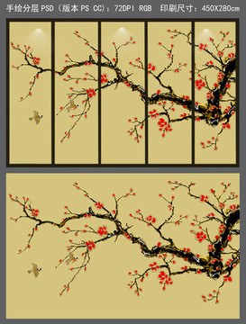 手繪金枝紅梅花鳥背景墻裝飾畫