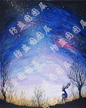 油畫(huà)星空鹿之二