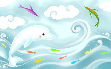 海豚魚藍色海洋兒童房背景墻
