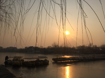 夕阳 垂柳 湖边