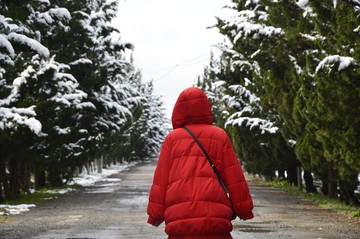 雪后树林小道上的红衣女孩