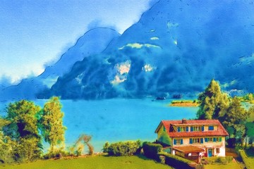 瑞士風(fēng)光水彩畫 無分層