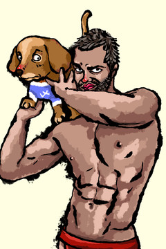 搞怪创意个性肌肉男抱狗狗
