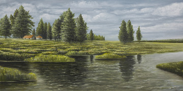 风景油画 油画 河边 绿树