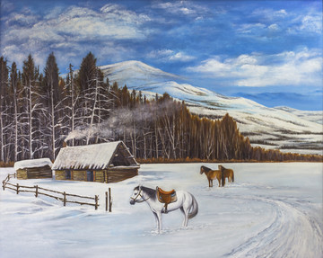 风景油画 油画 雪景 马