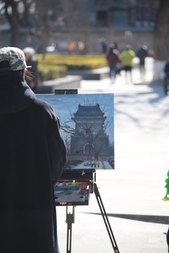 北京钟鼓楼钟楼油画写生现场