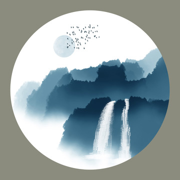 圓形小品水墨畫山水