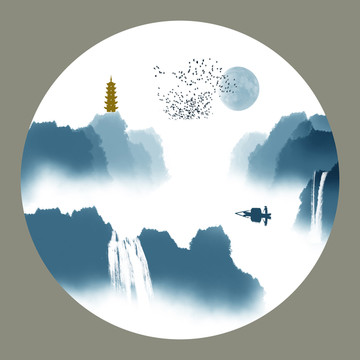 圓形小品水墨畫山水