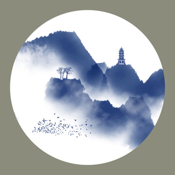 圓形小品水墨畫山水