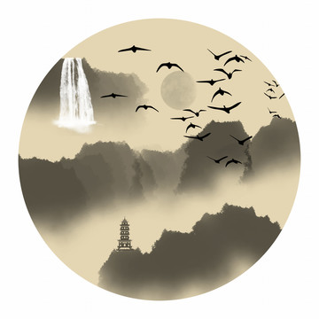 圓形小品水墨畫(huà)山水
