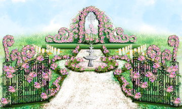 粉色户外草坪婚礼铁门喷泉庄园