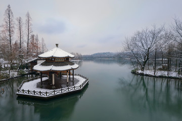 杭州西湖茅家埠景區黛色參天雪景