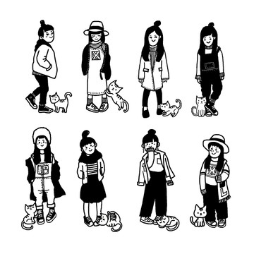簡(jiǎn)單線條卡通女孩和貓咪