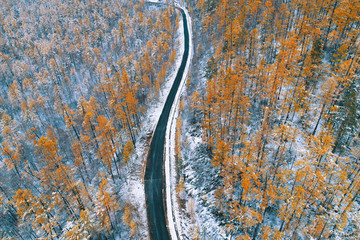 山林公路雪景秋色 航拍