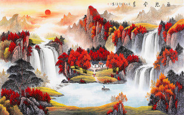 中式福地水墨山水瀑布電視背景墻