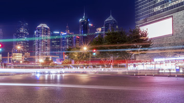 上海陆家嘴城市道路建筑夜景