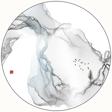 圆形水墨山水装饰画