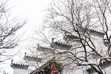 积雪的树枝和马头墙