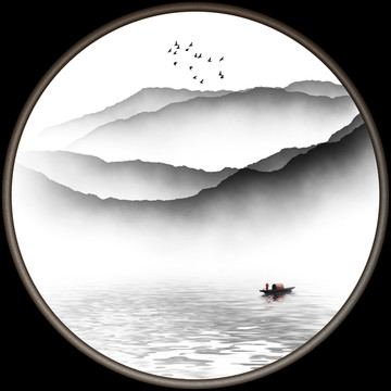 圓形水墨山水裝飾畫(huà)