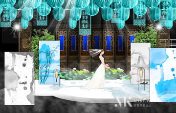 新中式淡蓝色婚礼背景