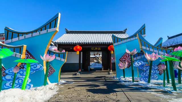 雪景 花灯 古建筑