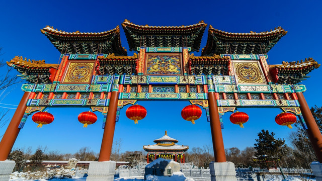 雪景 花灯 古建筑