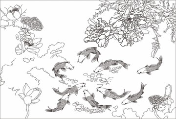荷花九魚(yú) 牡丹