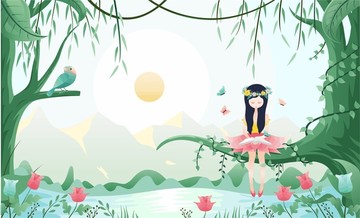 春季插畫夢幻浪漫女孩柳樹蝴蝶