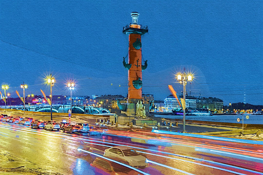 瓦西里岛古港口夜景 水粉画
