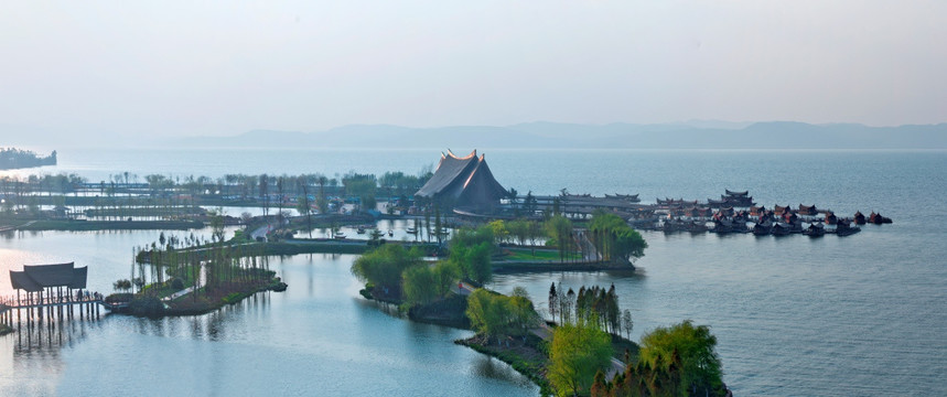 滇池大码头湿地落日高全景图