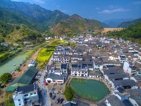 浙江兰溪芝堰古村半月塘航拍