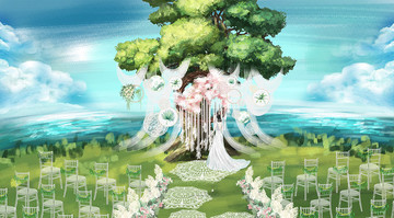 白绿粉户外大树婚礼设计效果图