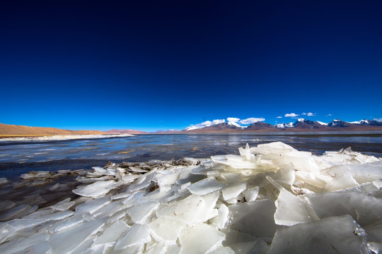 雪山下结冰的多情湖