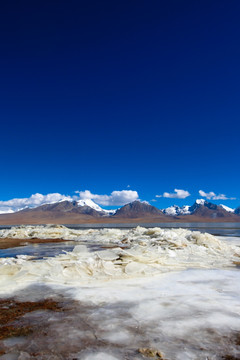 雪山下结冰的多情湖