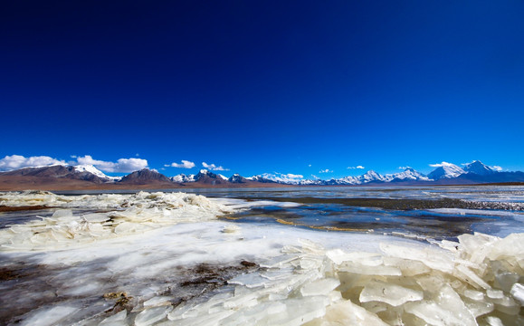 雪山下结冰的多情湖