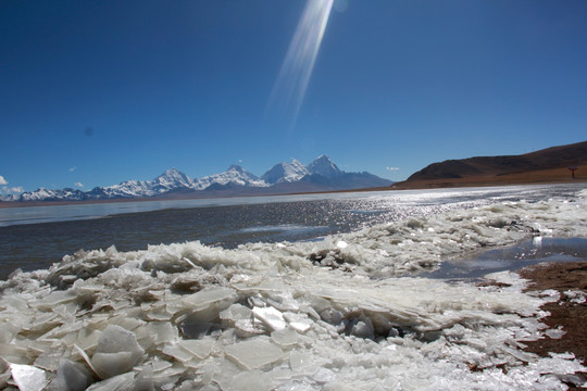 雪山下结冰的多情湖