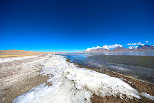 雪山下结冰的多情湖