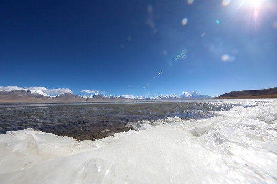 雪山下结冰的多情湖