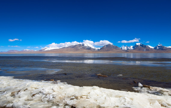 雪山下结冰的多情湖