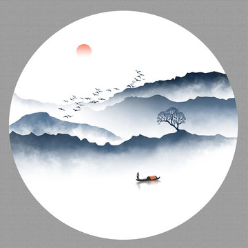圓形水墨山水畫