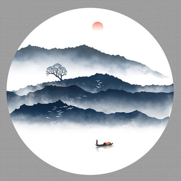 圓形水墨山水畫
